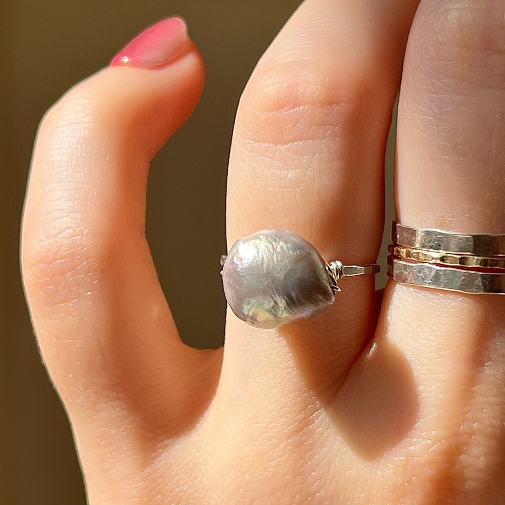 Sterling Silver Gray Baroque Pearl Statement Ring